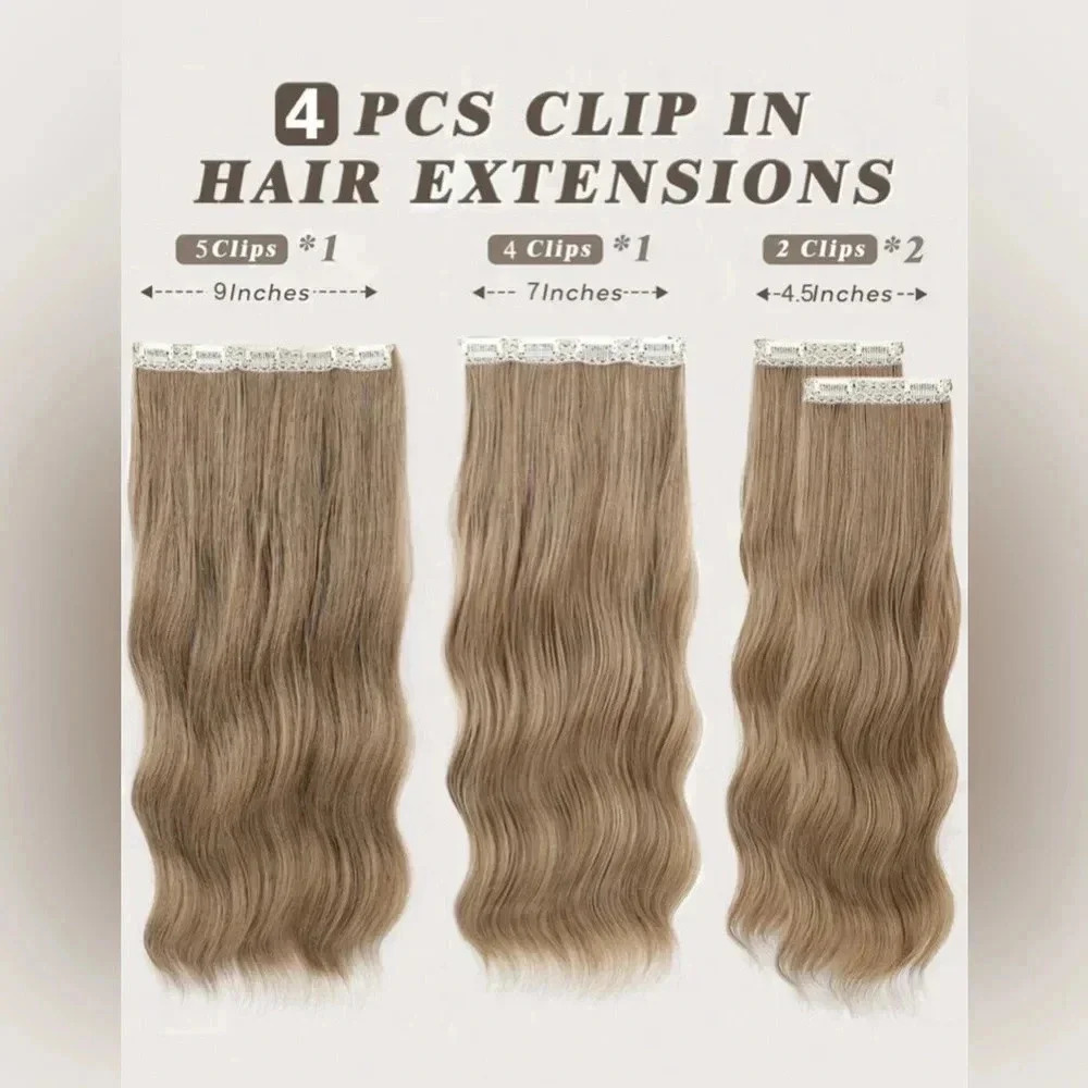 20 Inch Clip in Medium Dark Blonde Hair extensions wavy 4 thick pieces - Picture 2 of 10
